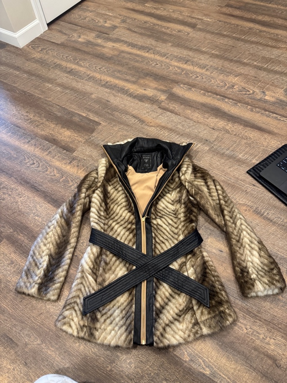 Faux Fur Zip Front Coat with Black Trim - Brown & Cream